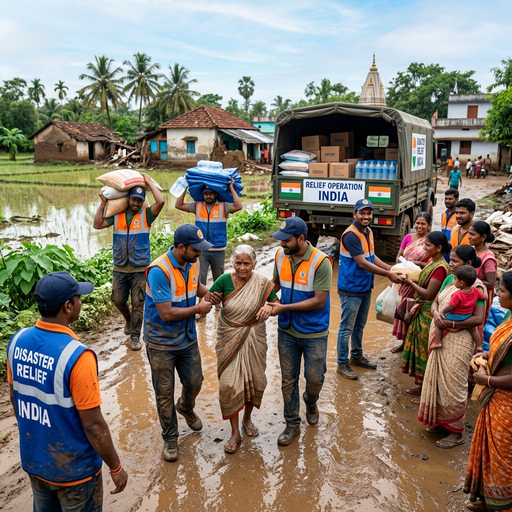 Volunteers distributing relief supplies to families in an affected community